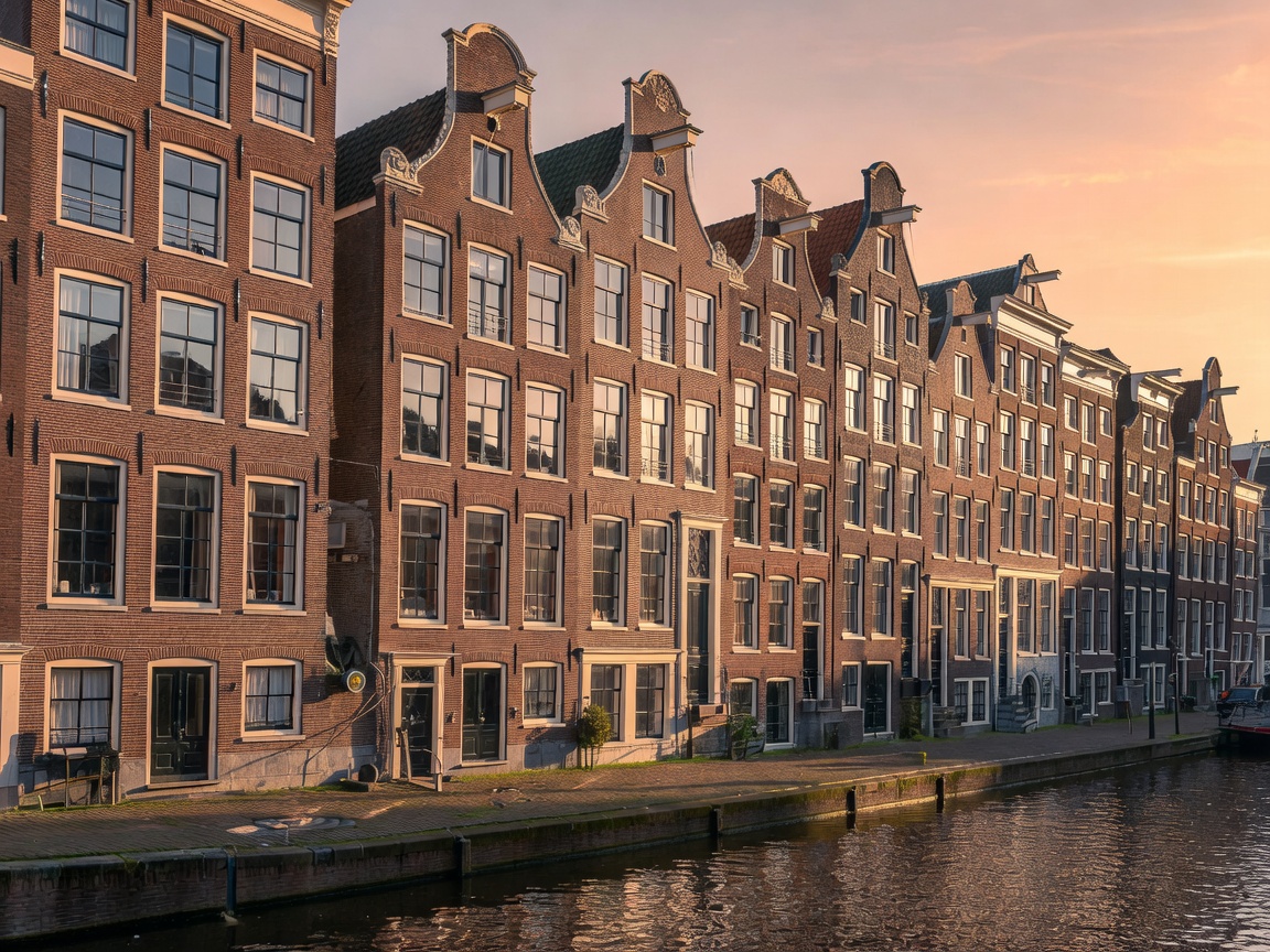 Amsterdam canal houses with high roof hoist beams and steep facades