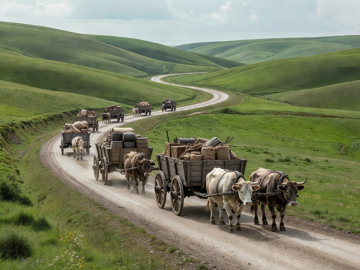Freight transport on an open European highway between green hills
