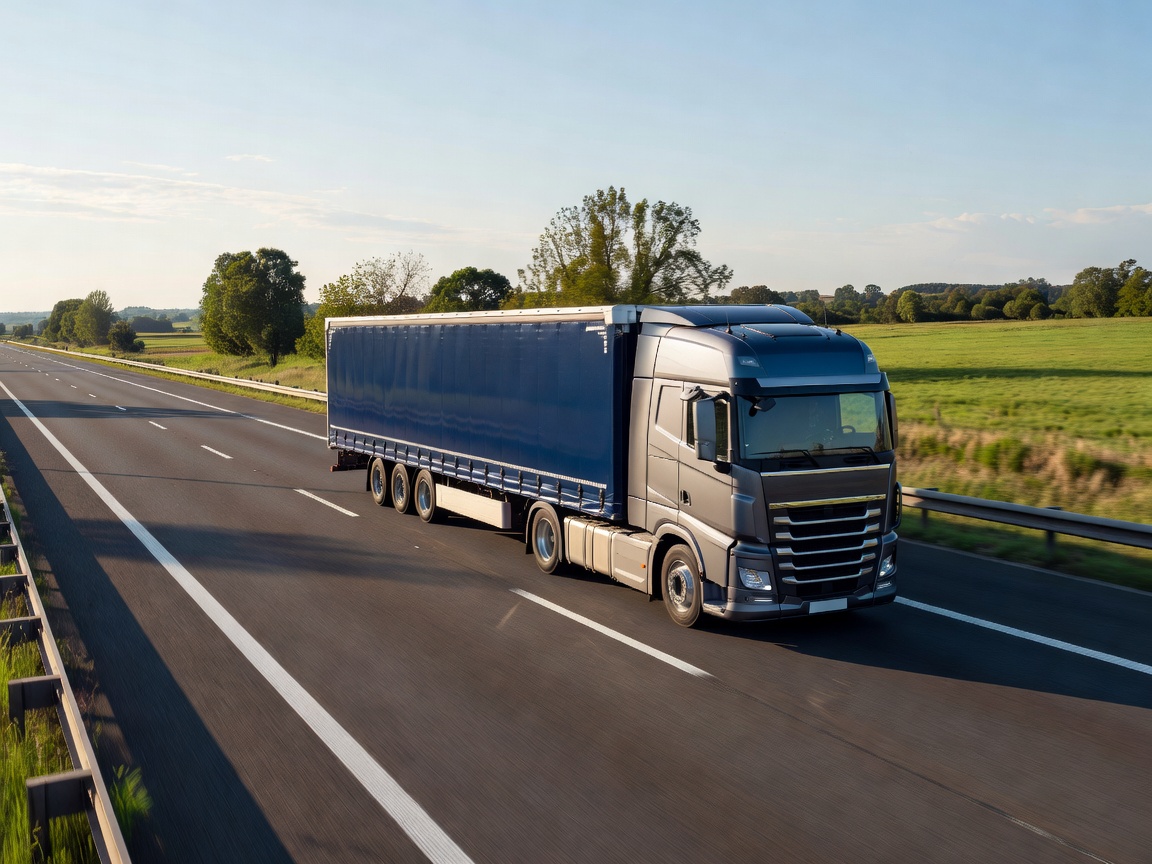 Modern long-haul transport vehicle traveling along a wide European motorway