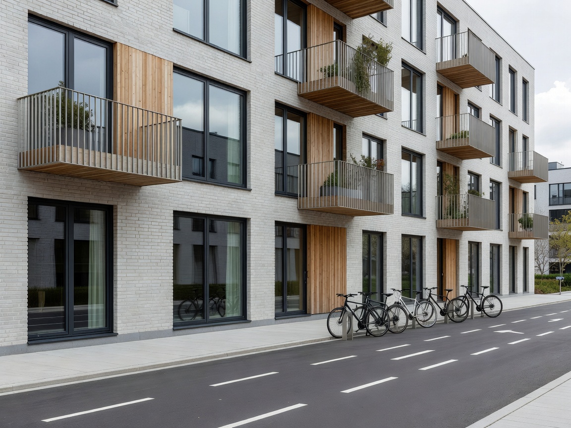 Modern Scandinavian apartment block beside bicycle lanes