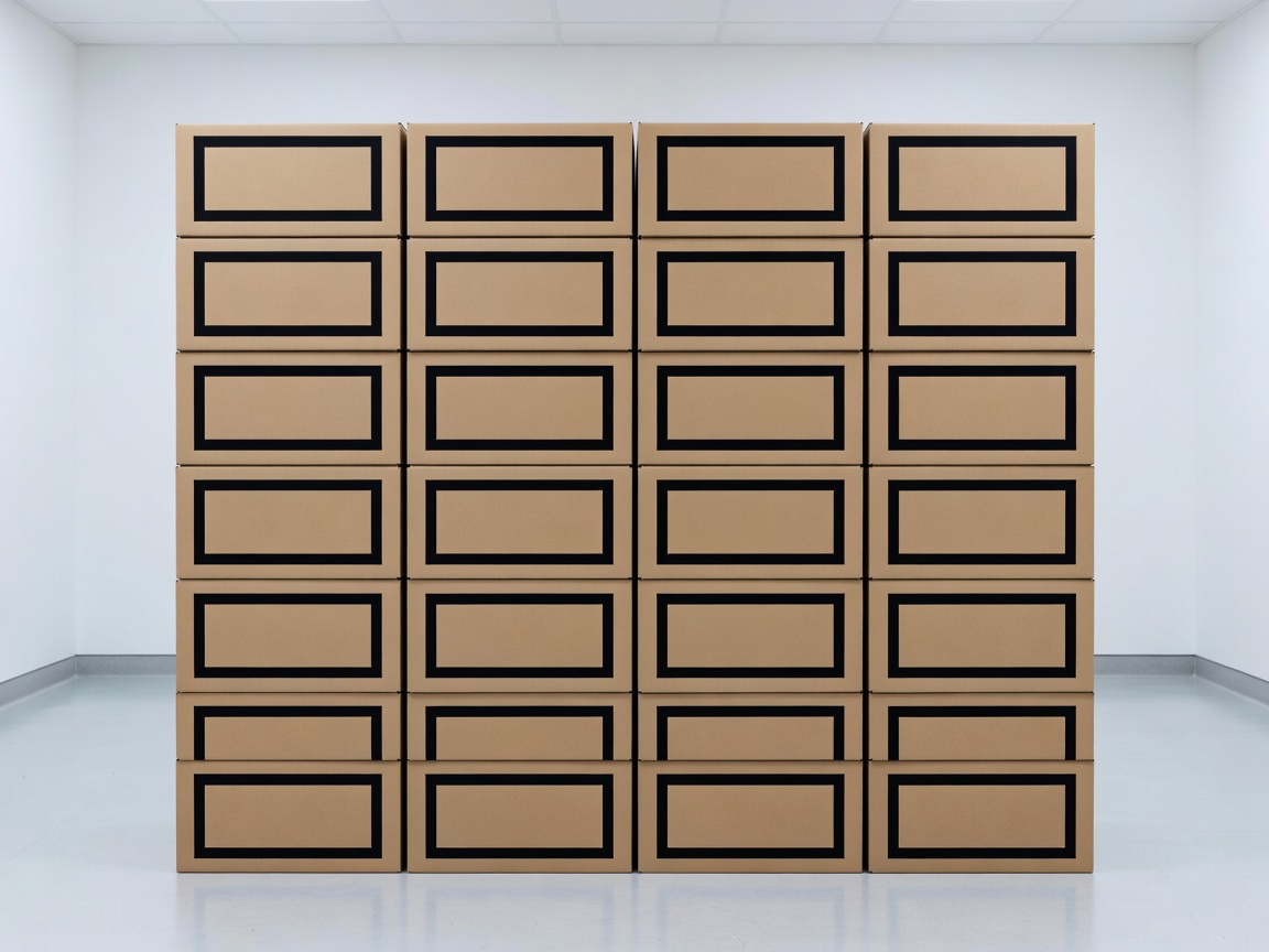 Neatly stacked brown cardboard boxes with bold black labels in a clean room