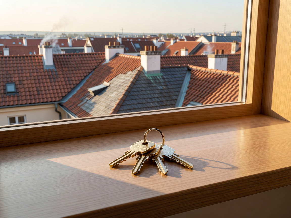 New apartment keys resting on a clean wooden windowsill looking over European roofs