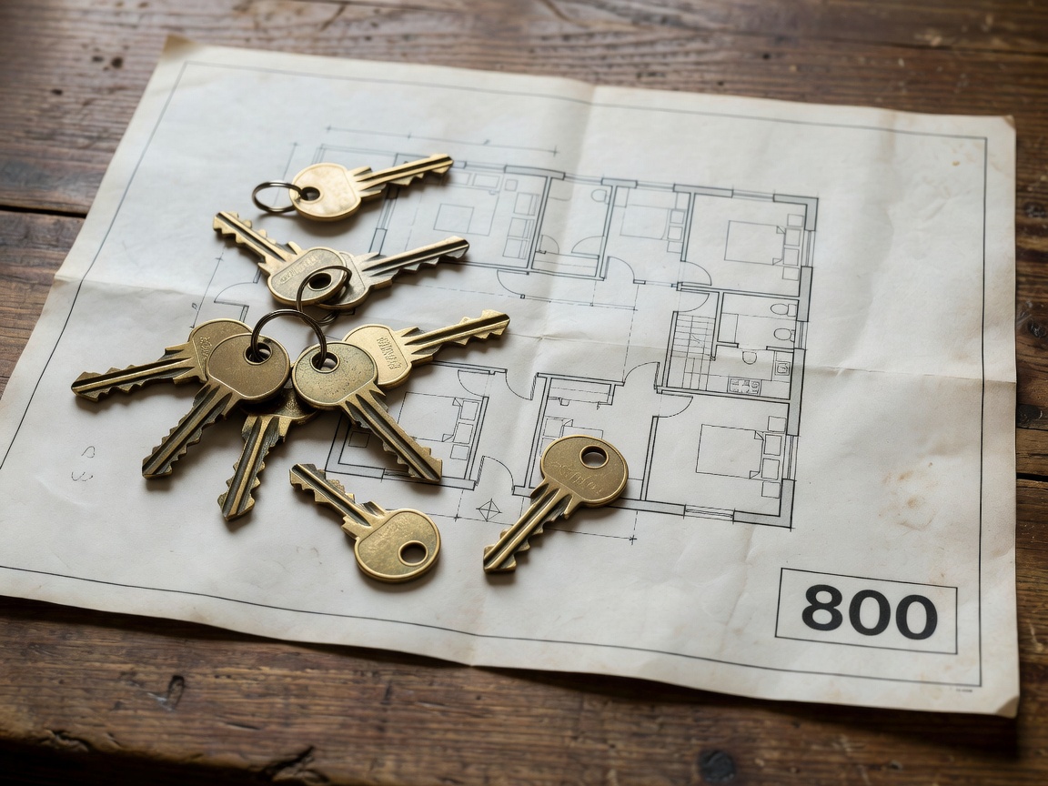 Set of brass apartment keys lying beside an architectural floorplan