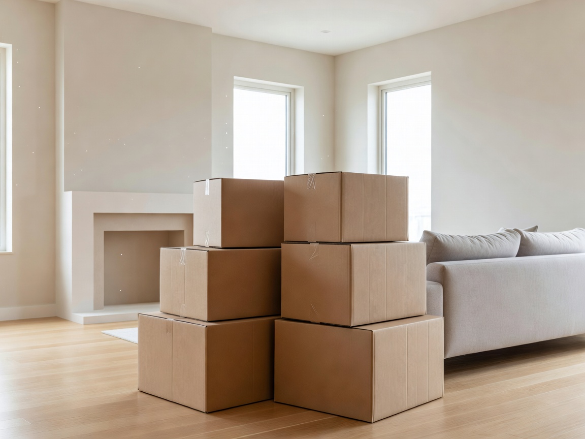 Stacked cardboard boxes inside a light-filled renovated living room