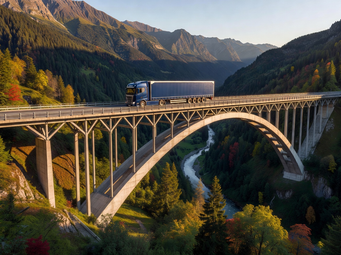 Transport lorry driving across an international European viaduct