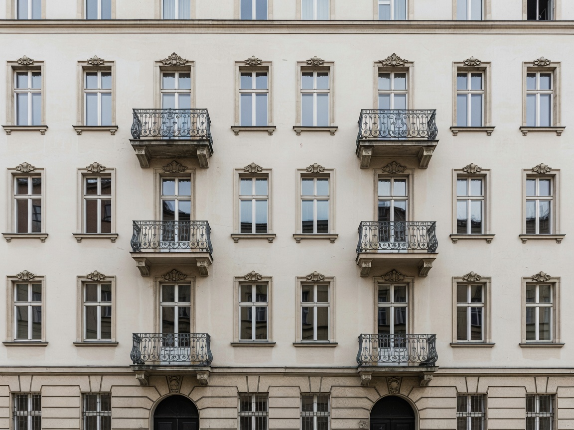 Typical classic Berlin Altbau residential facade with wrought iron balconies